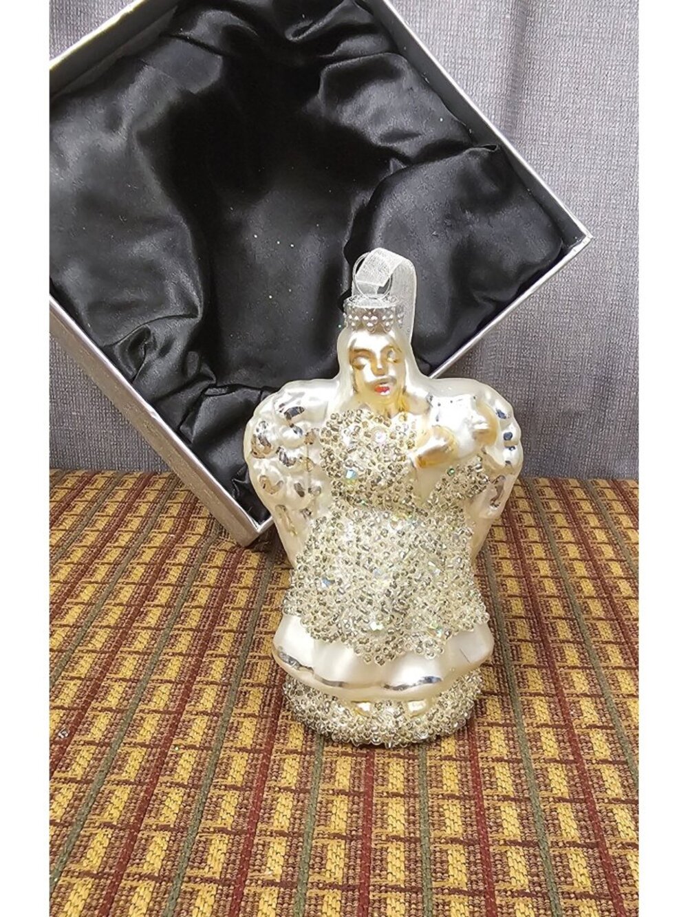 Vintage Glass Angel Ornament With Beaded Accents & Ribbon Hanger 5" Tall Silver